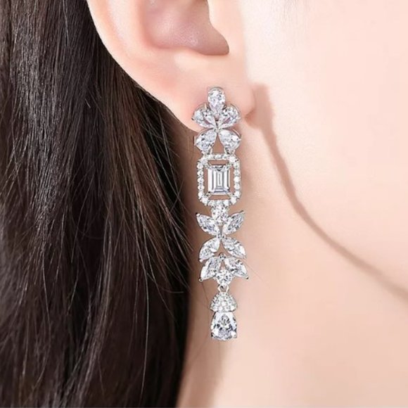 Emerald Cut Diamond Earrings Rhodium NEW - Picture 1 of 8